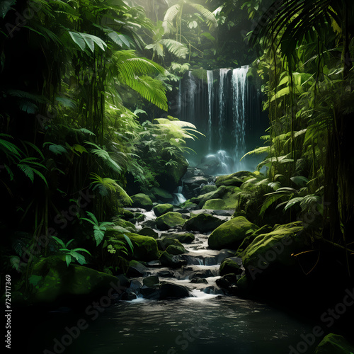 Waterfall in a lush green rainforest.