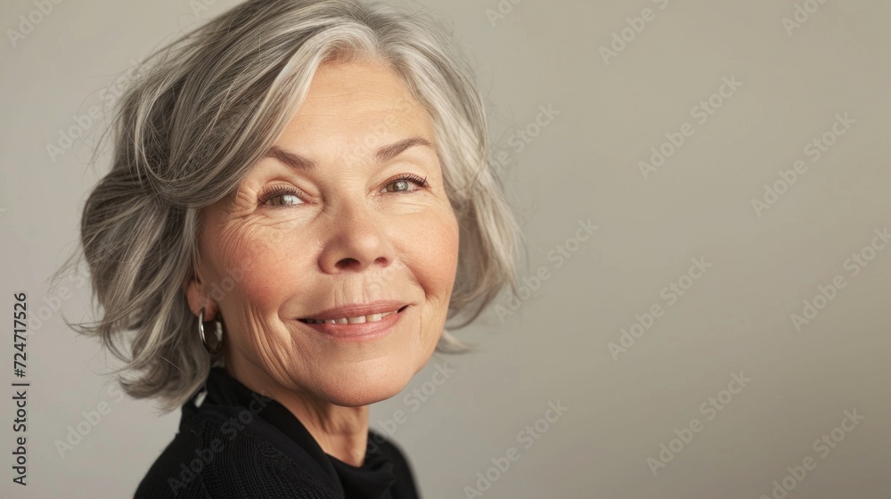A smiling senior woman, adorned with wrinkles and elegant grey hair, graces a studio photoshoot with her presence. A smiling senior woman, adorned with wrinkles and elegant grey hair, graces a studio photoshoot with her presence.