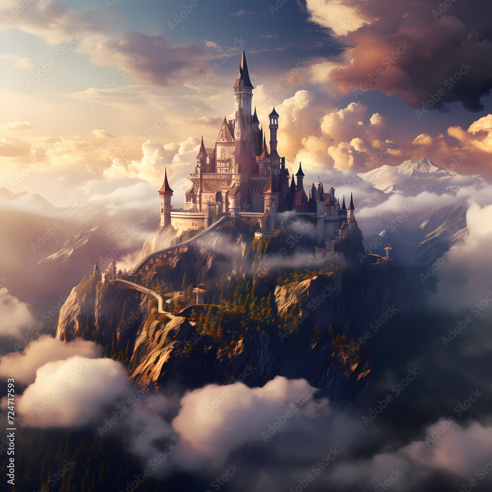 Mystical castle on top of a mountain. 