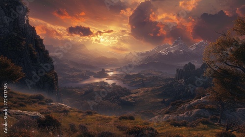 Fantasy landscape with mountains and lake. 3d render illustration. © MrHamster