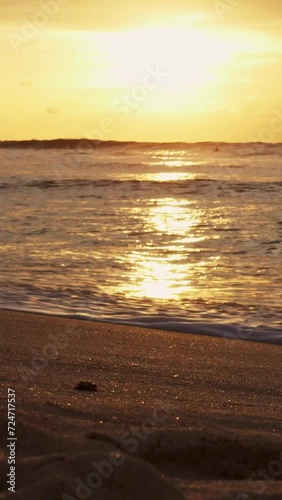 Vertical video of surf and waves crashing on a golden beach at sunset