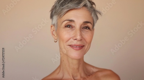 A happy older Caucasian woman with wrinkles and stylish grey hair poses for a beauty portrait in a studio with soft lighting.