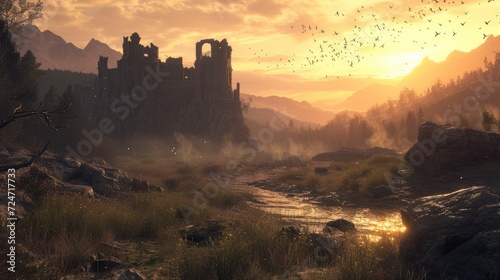 Fantasy landscape with castle and mountain at sunset. 3d illustrations