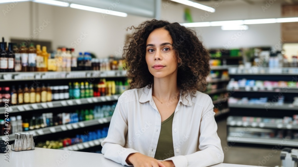 Woman working as a cashier in a grocery store, looking directly at the camera.