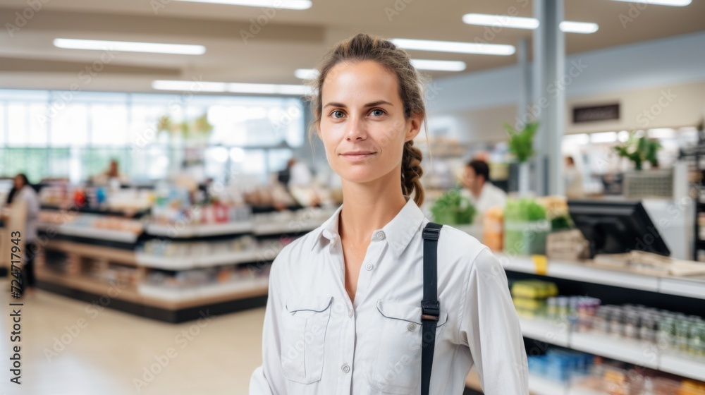 A multicultural cashier woman is the focus of a horizontal portrait in a grocery store.