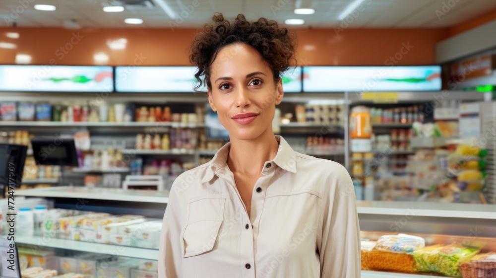 Portrait of a cashier in a horizontal format, showcasing diversity.
