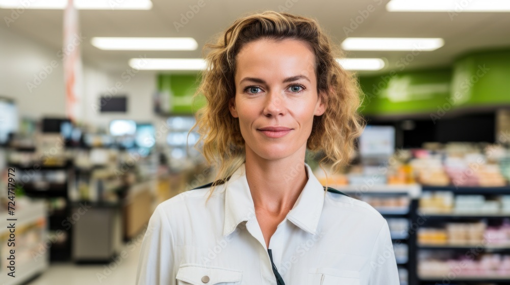 Sideways view of a multicultural female cashier in a grocery setting.