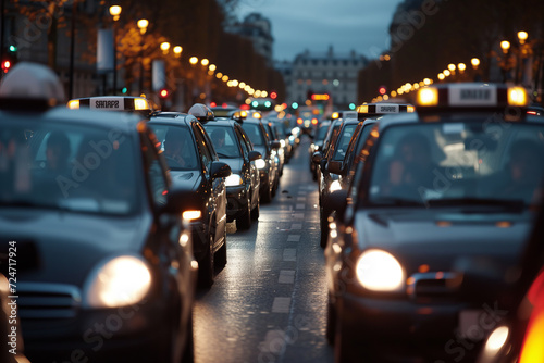 Taxi Strike in Europe: City Street Clogged with Cars at Dusk
