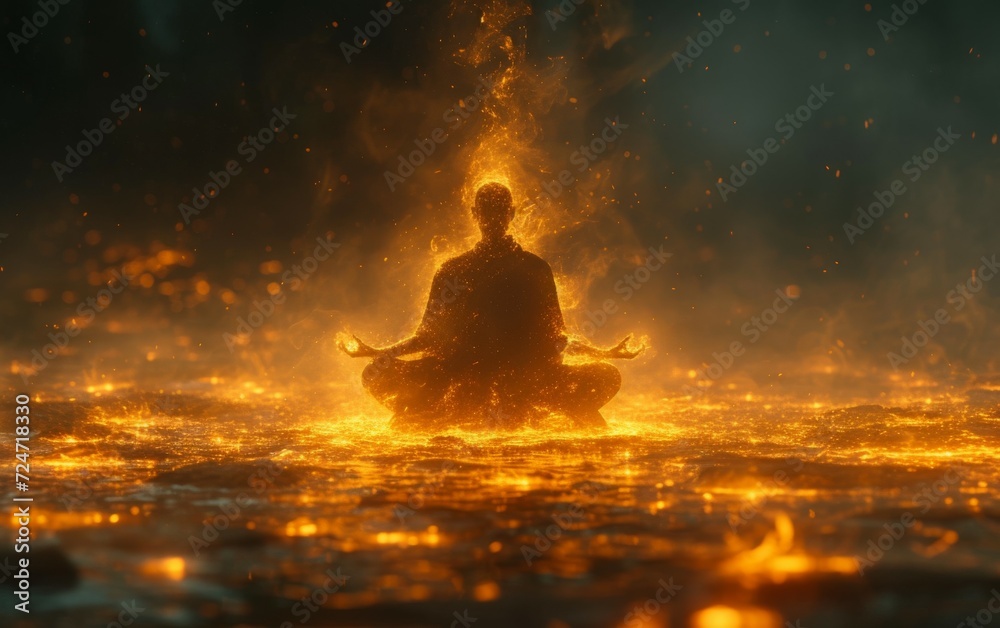 A spirally swirling energy field around a meditating person. A spirally swirling energy field around a meditating person.