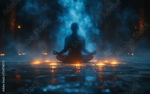 A spirally swirling energy field around a meditating person. photo