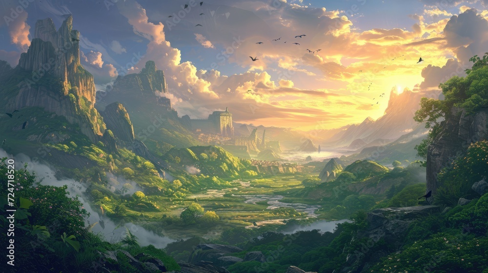 Beautiful panorama view of the valley and mountains at sunset.