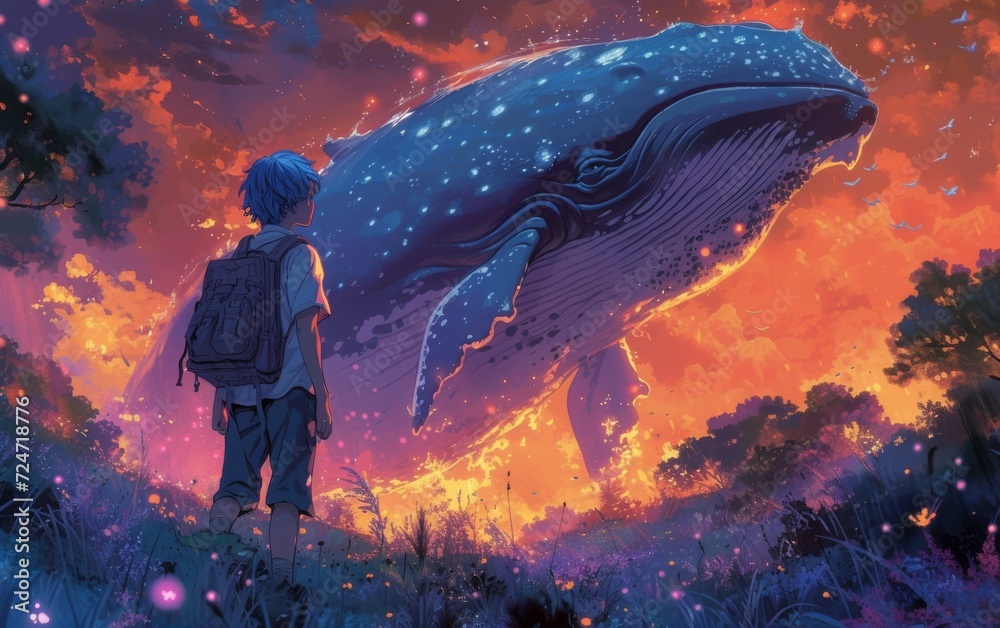 Fantasy child dream, fairy tale background with a little boy with a huge whale flying in the night neon sky over a phantasmagoric alien planet's surface. - obrazy, fototapety, plakaty 
