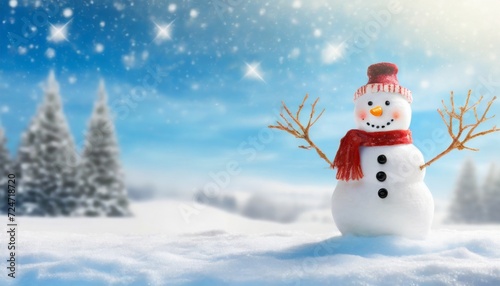 merry christmas and happy new year greeting card with copy space cute snowman for happy christmas and new year banner happy snowman standing in winter snow background