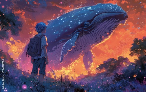 Fantasy child dream, fairy tale background with a little boy with a huge whale flying in the night neon sky over a phantasmagoric alien planet's surface.