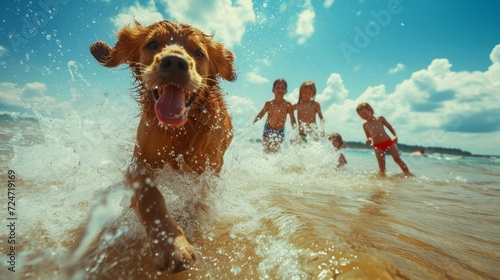 Summer vacation - family with dog playing on the beach. photo