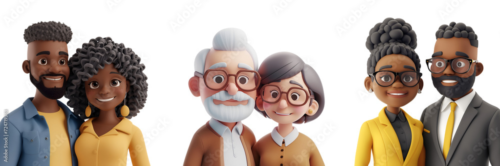 Fototapeta premium 3D Rendered Illustration of Happy Couples Set: All Ages, Middle Age, Young, Cartoon Style, Isolated on Transparent Background, PNG