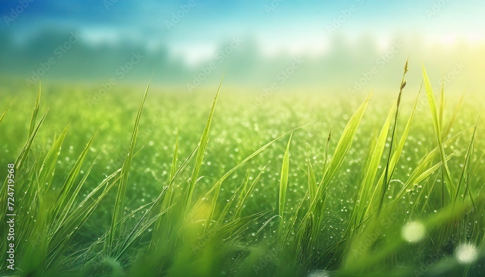 beautiful background with morning dew on grass close