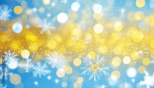 blue white and yellow art deco snowflake banner with blurred bokeh lights background