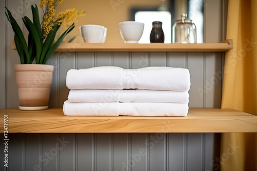 folded fluffy towels on an elegant wooden shelf