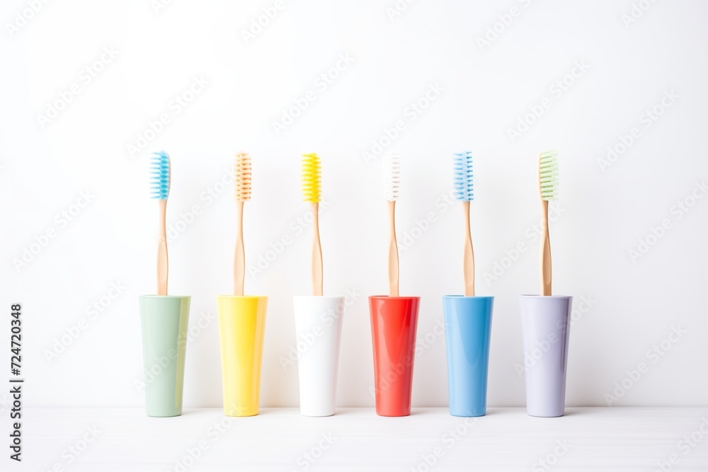 toothbrushes of different colors set against a neutral backdrop