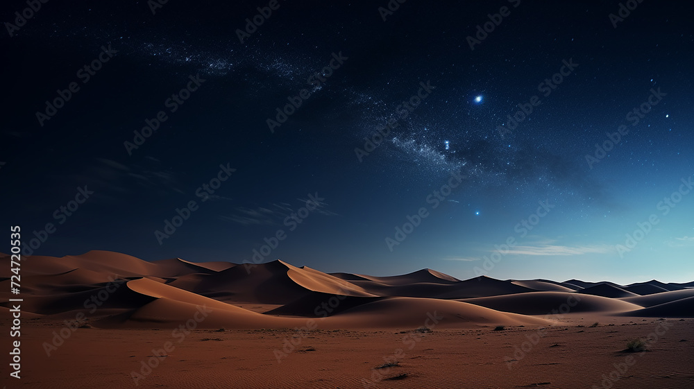 A sultry endless desert, dunes of yellow sand, blue night sky..to the horizon, the radiance of stars and constellations