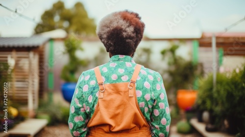 Rear shot of a content adult female gardener, dressed in gardening attire, against the beauty of a garden.