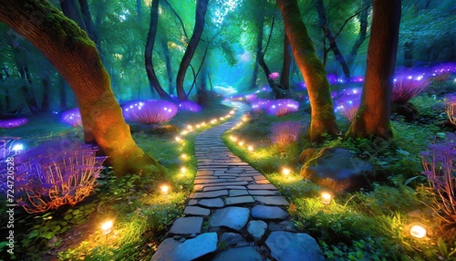 stone path through bioluminescent fantasy forest