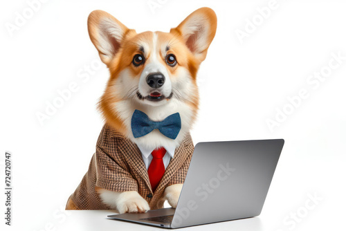 corgi dog wear hoody with surprised face work on laptop isolated on solid white background. ai generative