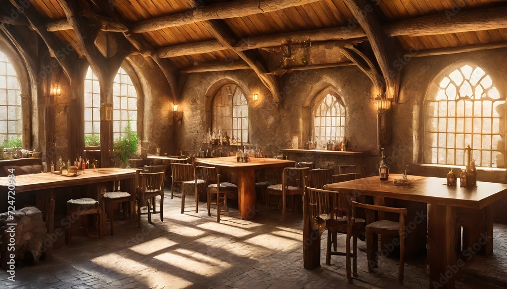 friendly medieval fantasy tavern inn concept art interior