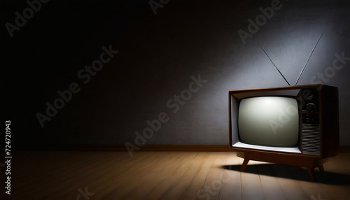 old retro tv in empty room at night with copy space photo