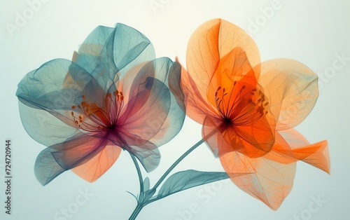 Watercolor illustration. set of bouquets of transparent flowers. Colorful flowers and ginkgo leaves. Delicate drawing, X-ray.