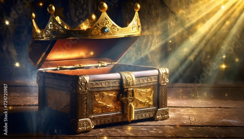 low key picture of a golden treasure box and a stunning queen or king s crown retro filtered fantastical medieval era