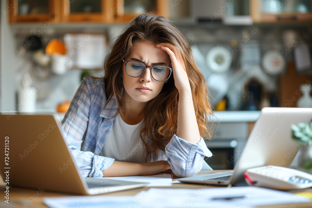 Stressed woman get trouble by calculating monthly expenses at home. Financial, debt problem concept Stressed woman get trouble by calculating monthly expenses at home. Financial, debt problem concept