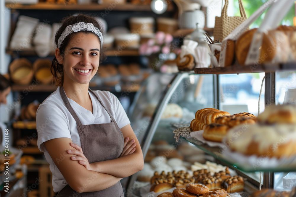 Portrait of happy woman in apron standing with fresh bake bread in her homemade bakery shop Portrait of happy woman in apron standing with fresh bake bread in her homemade bakery shop