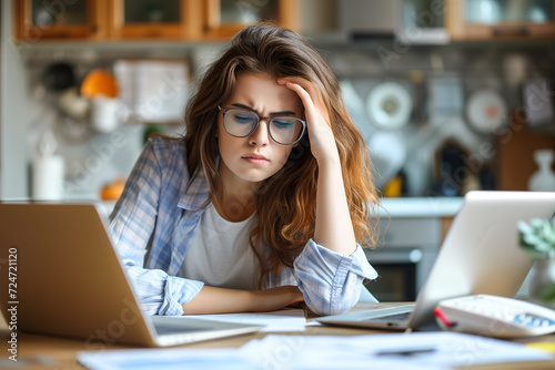 Stressed woman get trouble by calculating monthly expenses at home. Financial, debt problem concept photo