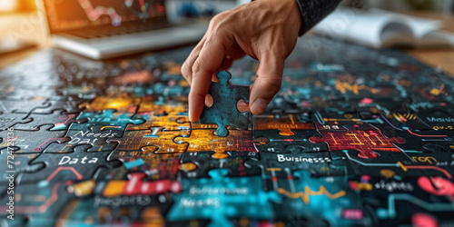 Hand placing a puzzle piece into a puzzle, data analysis for business. Putting pieces together for a business. Economy and technology business concept. Financial education photo
