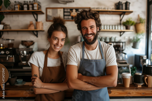Portrait of happy, smiling baristas couple wearing apron in coffee shop or bar