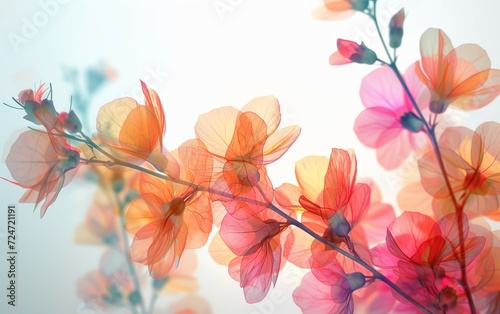 Watercolor illustration. set of bouquets of transparent flowers. Colorful flowers and ginkgo leaves. Delicate drawing, X-ray.