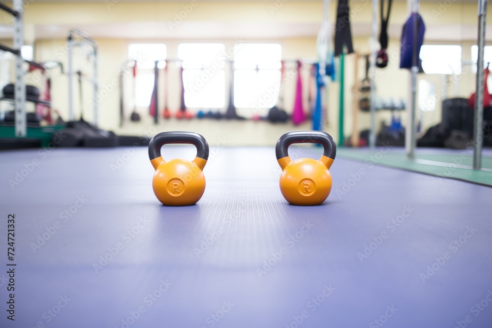 kettlebells aligned on a gym mat kettlebells aligned on a gym mat
