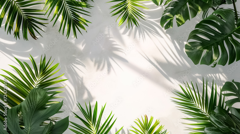 Tropical palm leaves on white floor background, Cover banner leaf backdrop, There is space in the middle for text or logos, palm leaves top view