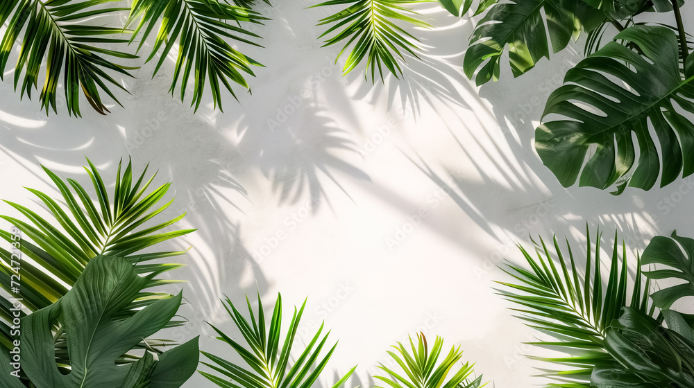 Tropical palm leaves on white floor background, Cover banner leaf backdrop, There is space in the middle for text or logos, palm leaves top view Tropical palm leaves on white floor background, Cover banner leaf backdrop, There is space in the middle for text or logos, palm leaves top view