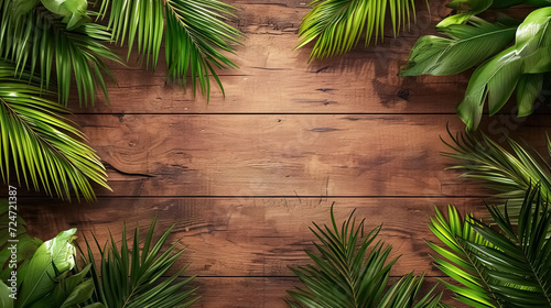 Tropical palm leaves on wood floor background, Cover banner leaf backdrop, There is space in the middle for text or logos.