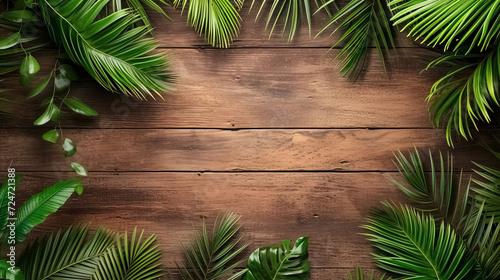 Tropical palm leaves on wood floor background  Cover banner leaf backdrop  There is space in the middle for text or logos  palm leaves top view