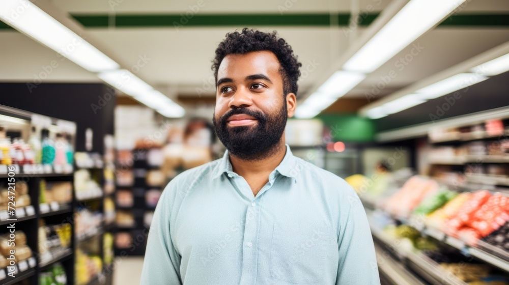 Fototapeta premium Grocery store cashier portrayed horizontally, highlighting diversity in skin tone.
