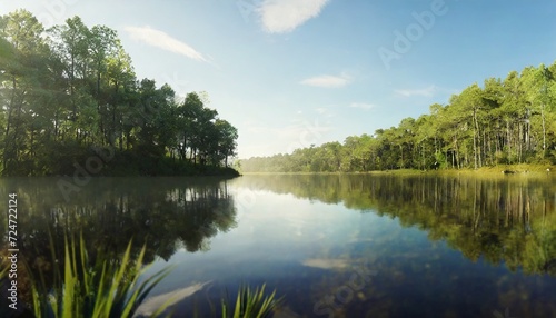 calm placid freshwater lake with dense trees forest on the shore