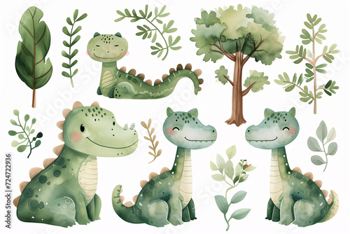 A delightful set of watercolor crocodiles depicted with a gentle, whimsical touch, alongside stylized trees and greenery. photo