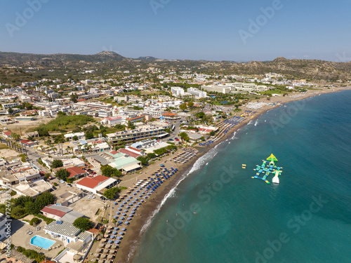 Faliraki bay area and coastline in Rhodes greece on a beautiful day with waterfront resorts and the Mediterranean Sea