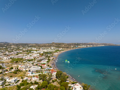 Faliraki bay area and coastline in Rhodes greece on a beautiful day with waterfront resorts and the Mediterranean Sea