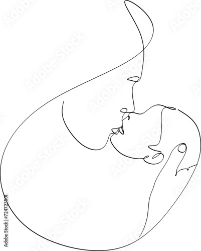 Abstract mother with a child in continuous one line drawing art style. Mother`s Day card. Woman hugging her baby. Happy motherhood concept. Modern vector illustration
