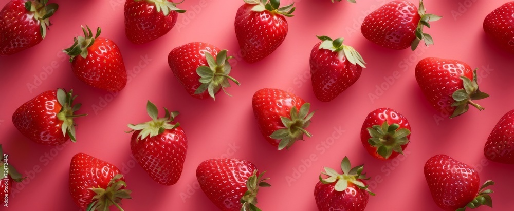 Fresh Ripe Strawberries Spread Out on a Vibrant Pink Background for a Healthy, Juicy, Summer Treat Concept - Perfect for Nutrition and Dessert Themes Fresh Ripe Strawberries Spread Out on a Vibrant Pink Background for a Healthy, Juicy, Summer Treat Concept - Perfect for Nutrition and Dessert Themes